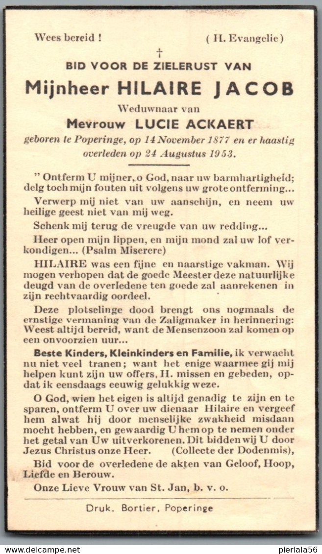 Bidprentje Poperinge - Jacob Hilaire (1877-1953) - Images Religieuses