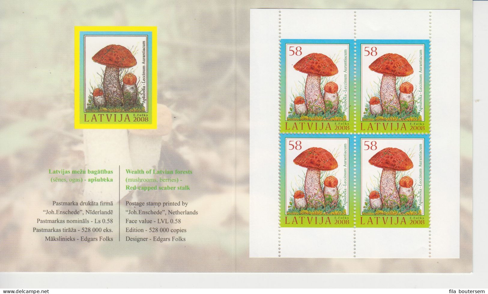 06-09-2008 Letland - LATVIA MUSHROOMS BOOKLET + Corner Bloc - Funghi