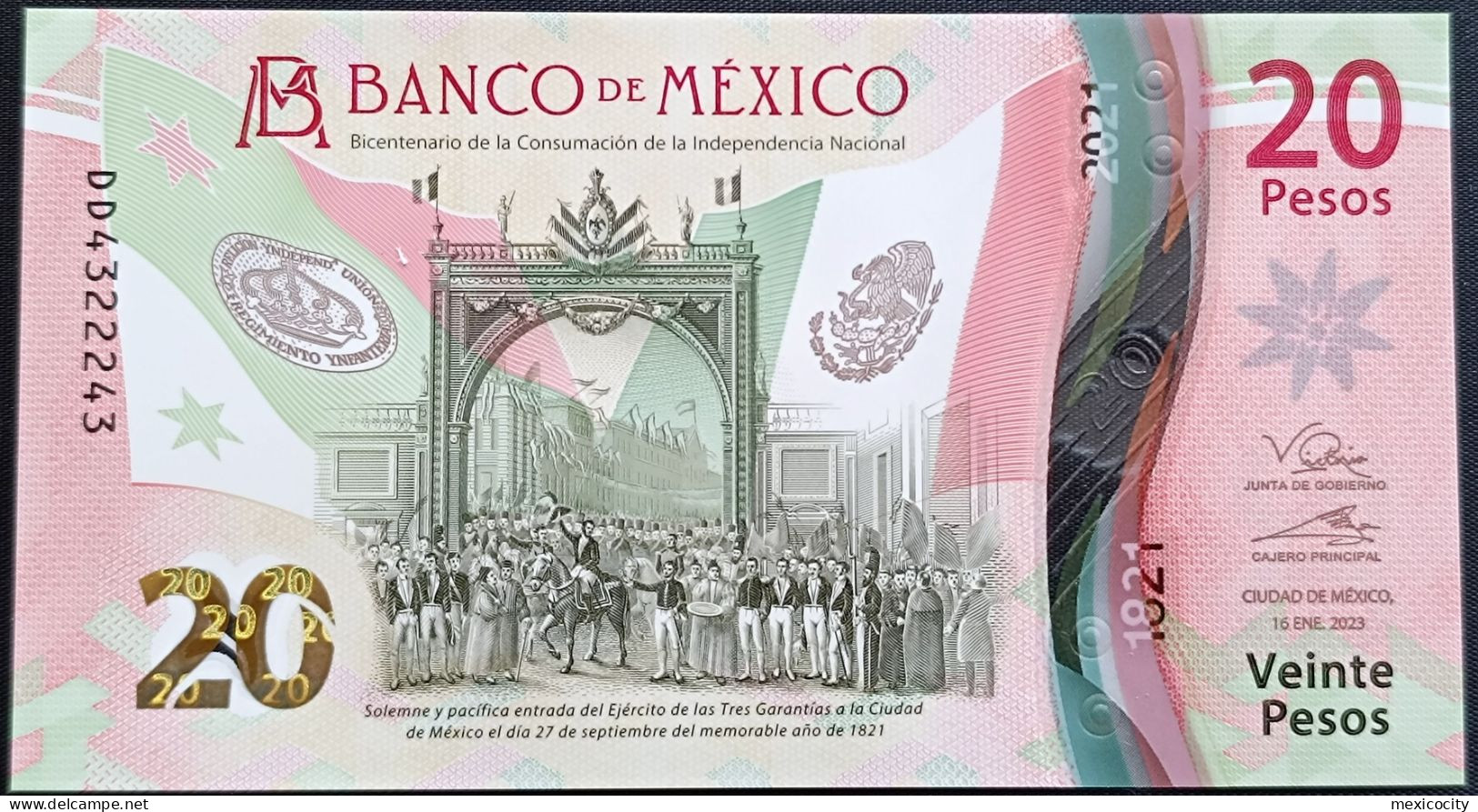 MEXICO $20 SERIES DD4322243 REPEAT + ANGEL # - 16-JAN-2023 INDEPENDENCE POLYMER NOTE BU Mint Crisp - Mexique