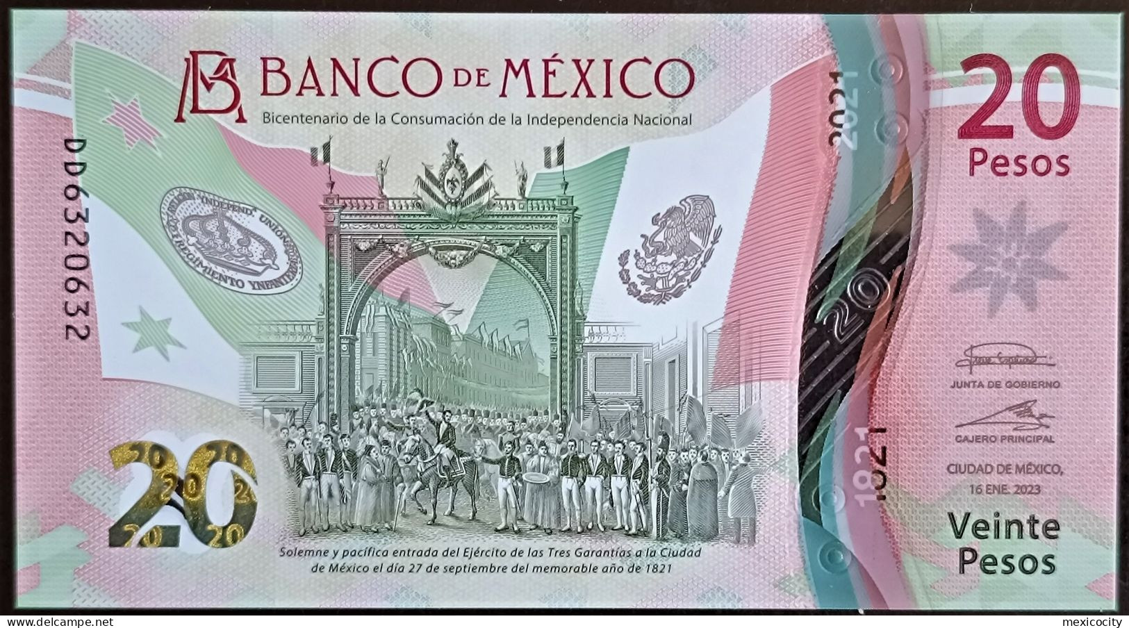 MEXICO $20 SERIES DD6320632 REPEAT # - 16-JAN-2023 INDEPENDENCE POLYMER NOTE BU Mint Crisp - México