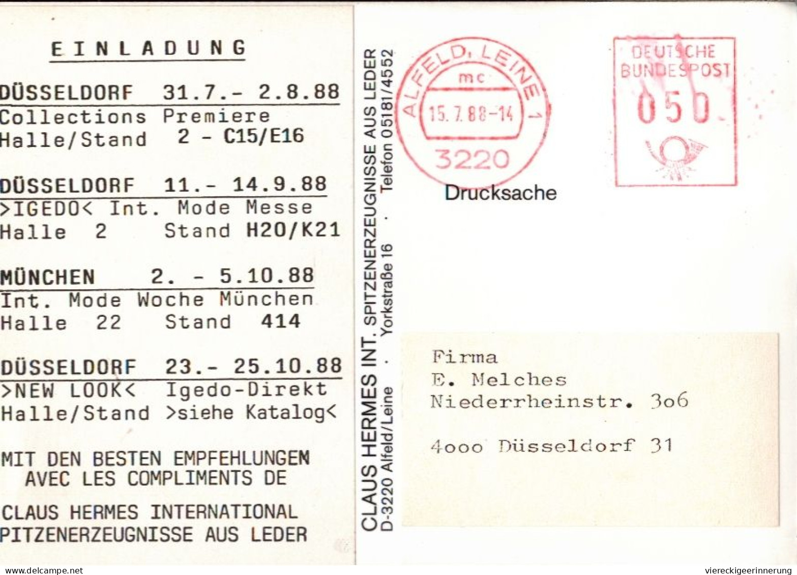 ! Reklame Ansichtskarte , Werbung, 1988, Ledertaschen, Claus Hermes, Alfeld - Pubblicitari