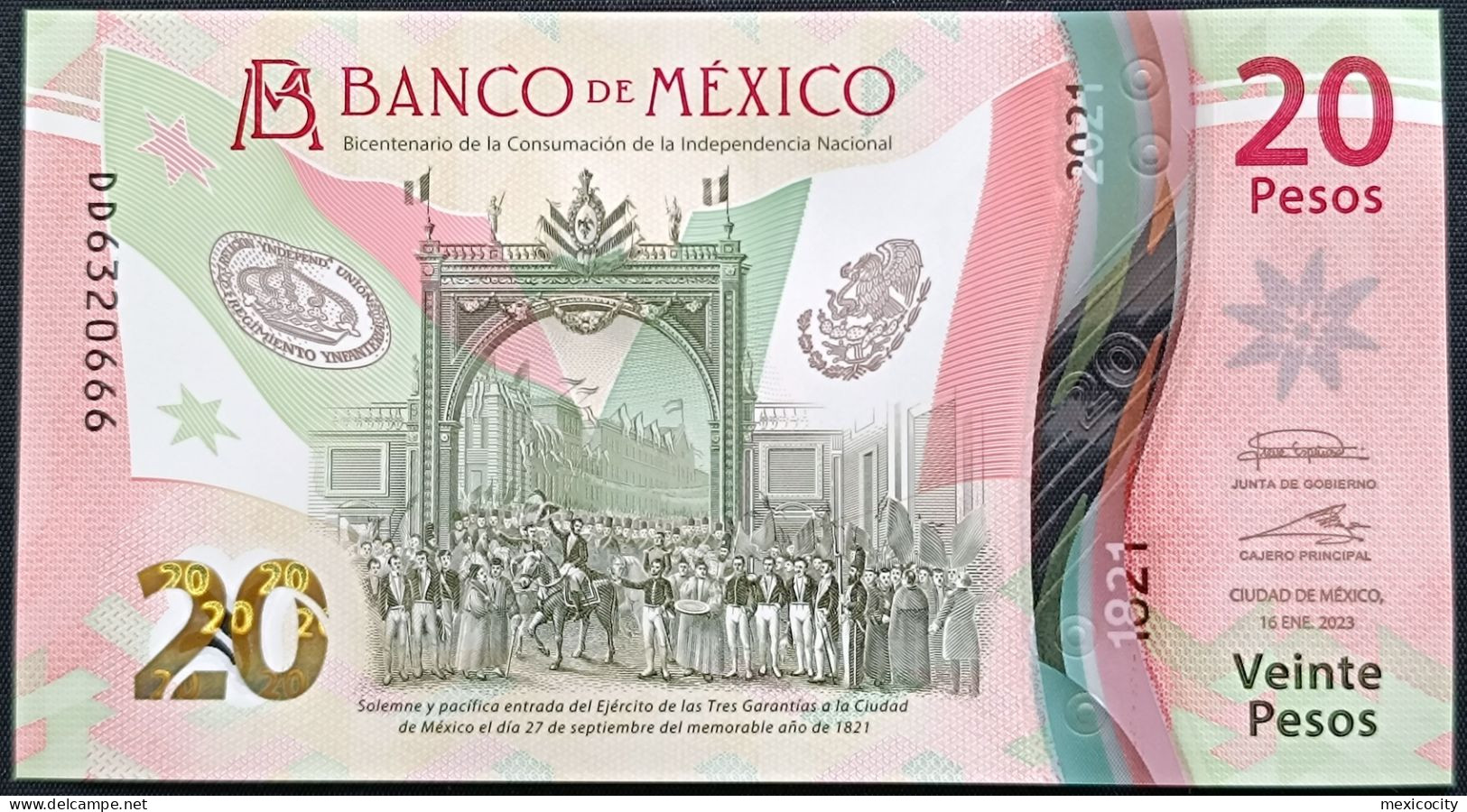 MEXICO $20 SERIES DD6320666 ANGEL # - 16-JAN-2023 INDEPENDENCE POLYMER NOTE BU Mint Crisp - México