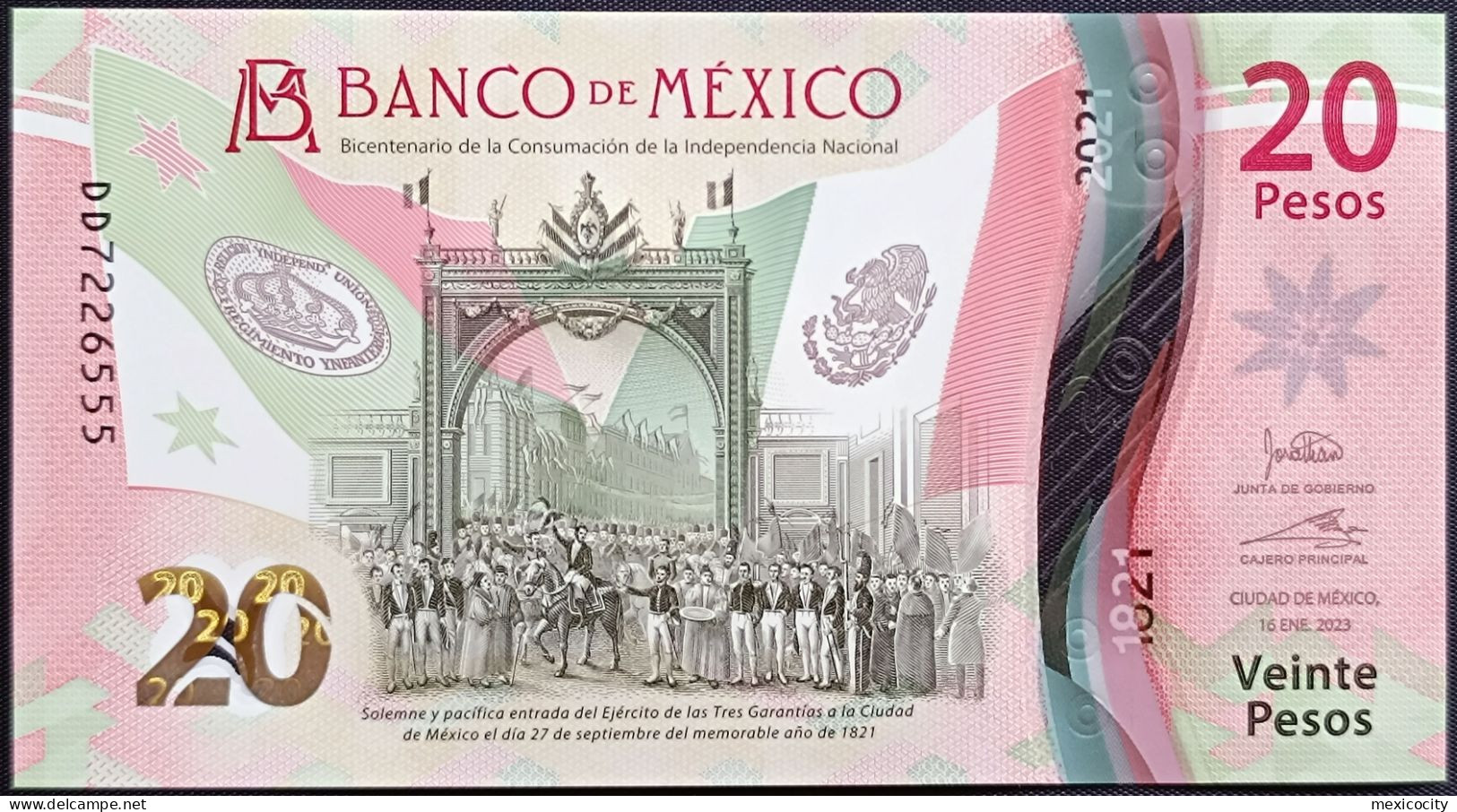 MEXICO $20 SERIES DD7226555 ANGEL # - 16-JAN-2023 INDEPENDENCE POLYMER NOTE BU Mint Crisp - Mexique