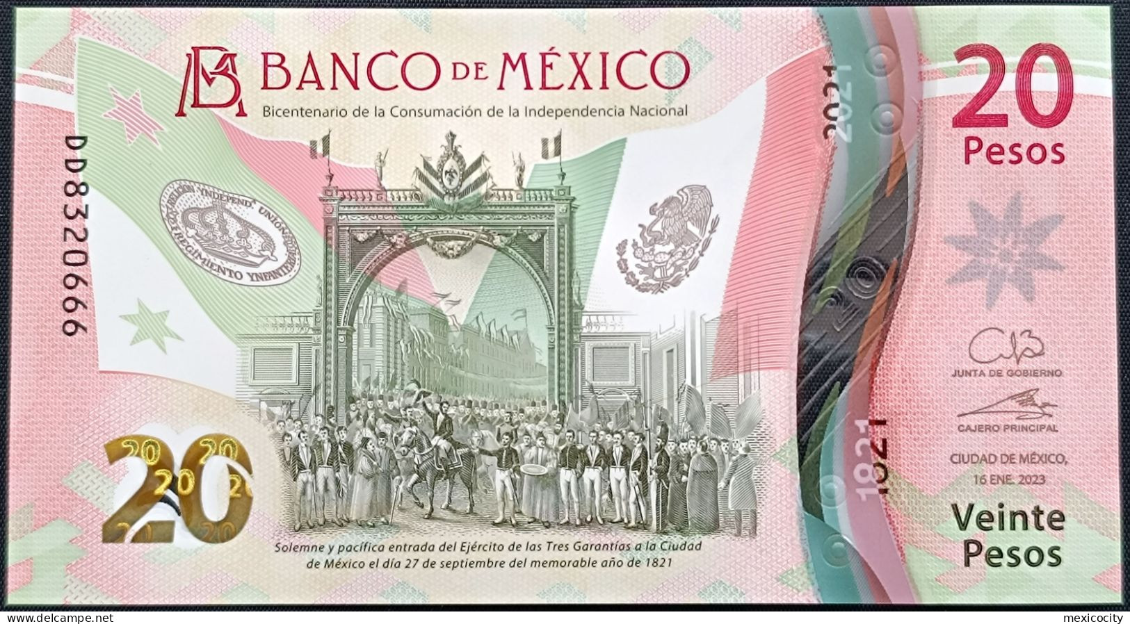 MEXICO $20 SERIES DD8320666 ANGEL # - 16-JAN-2023 INDEPENDENCE POLYMER NOTE BU Mint Crisp - Mexique