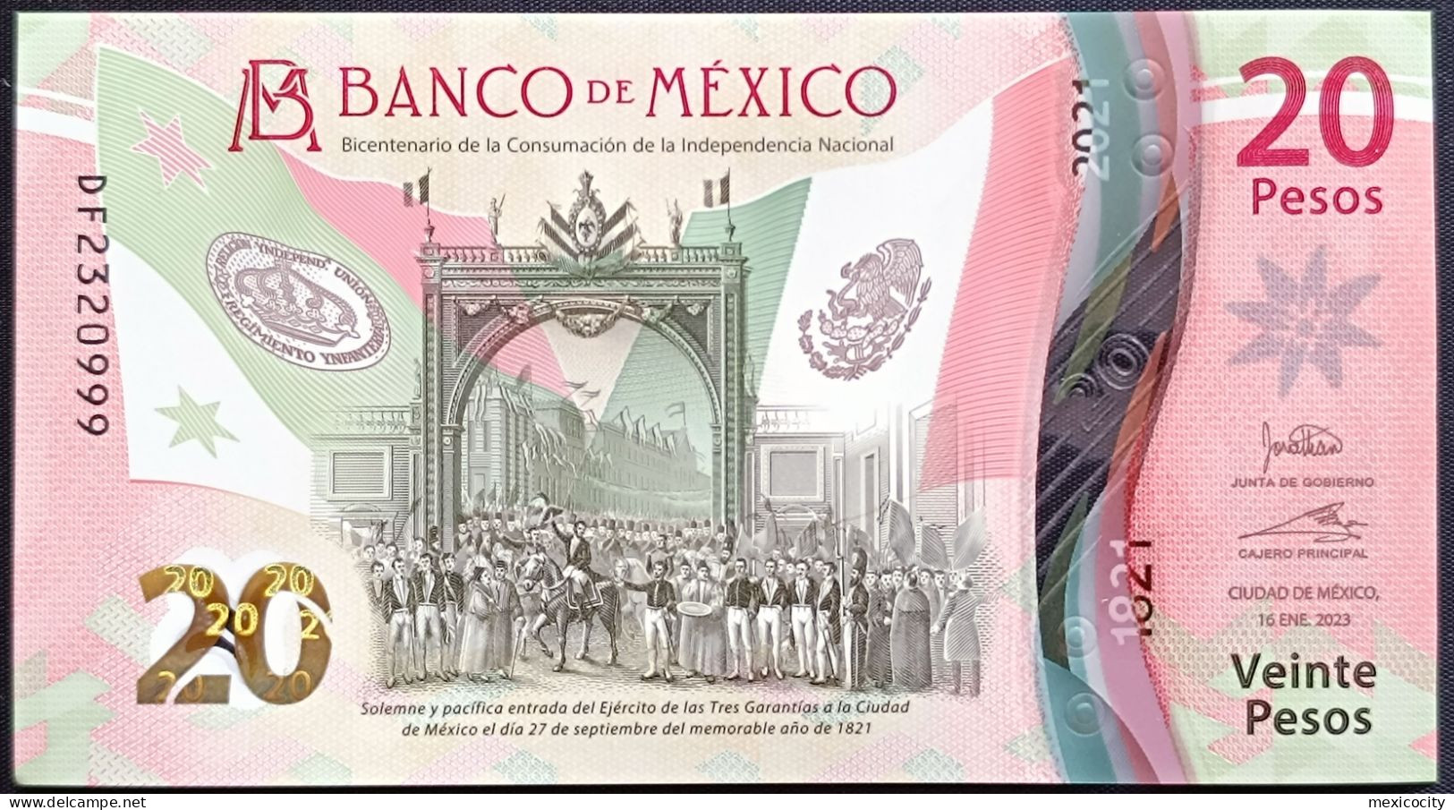 MEXICO $20 SERIES DF2320999 ANGEL # - 16-JAN-2023 INDEPENDENCE POLYMER NOTE BU Mint Crisp - Mexique