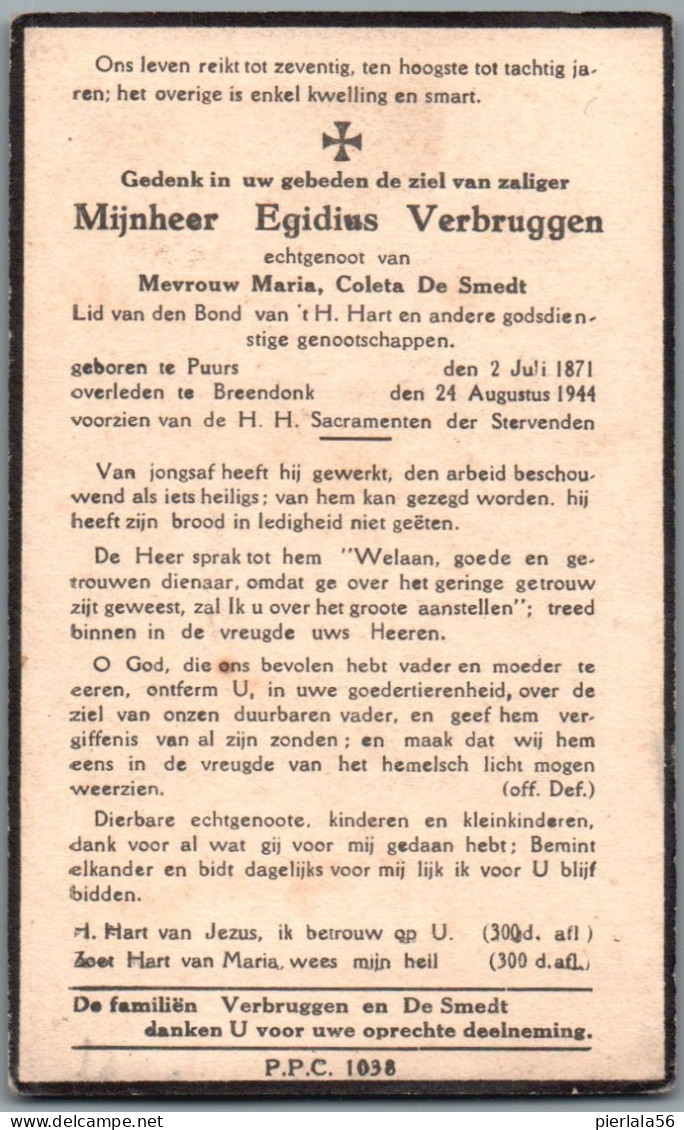 Bidprentje Puurs - Verbruggen Egidius (1871-1944) - Devotion Images