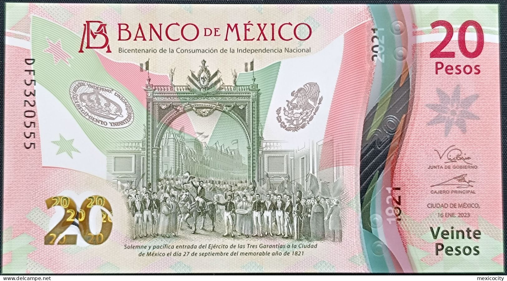 MEXICO $20 SERIES DF5320555 ANGEL # - 16-JAN-2023 INDEPENDENCE POLYMER NOTE BU Mint Crisp - Mexiko