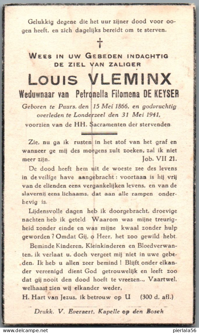 Bidprentje Puurs - Vleminx Louis (1866-1941) - Images Religieuses