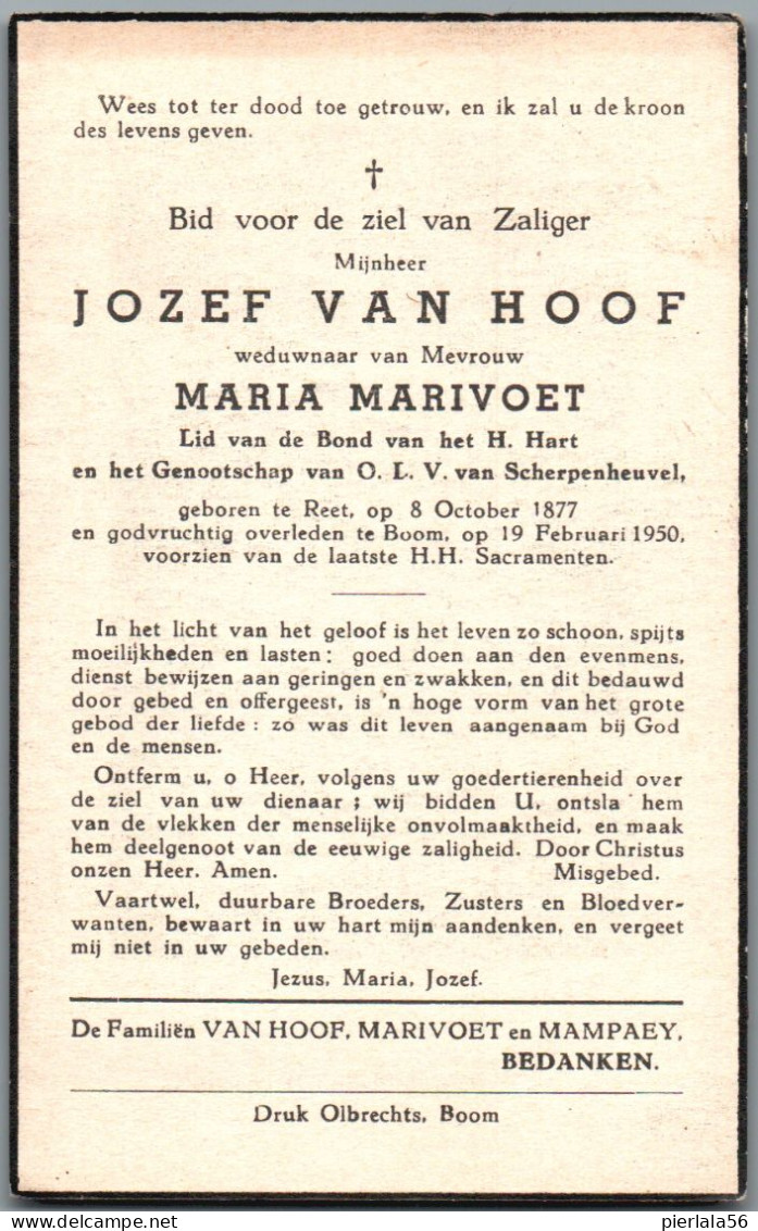 Bidprentje Reet - Van Hoof Jozef (1877-1950) - Images Religieuses