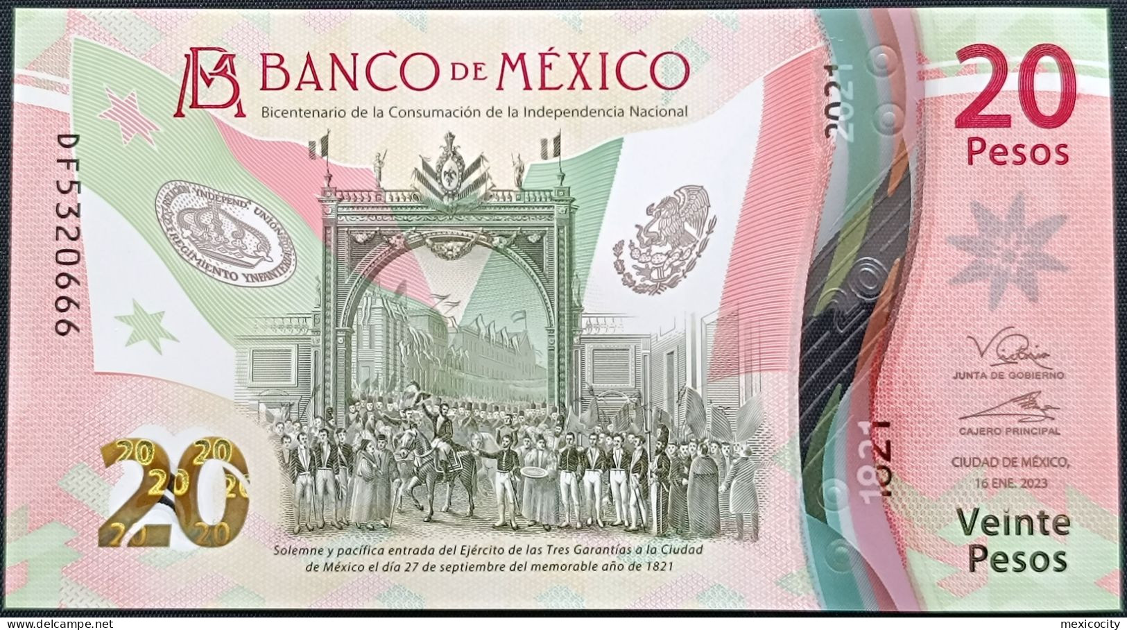 MEXICO $20 SERIES DF5320666 ANGEL # - 16-JAN-2023 INDEPENDENCE POLYMER NOTE BU Mint Crisp - Mexique