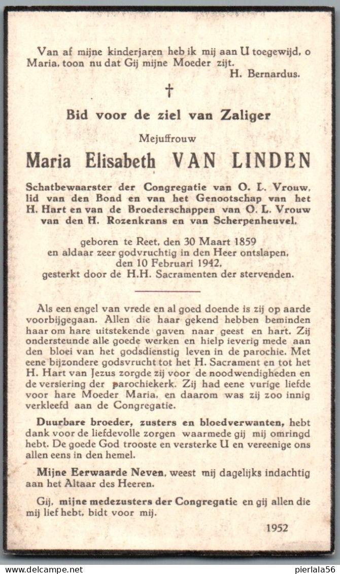 Bidprentje Reet - Van Linden Maria Elisabeth (1859-1942) - Images Religieuses