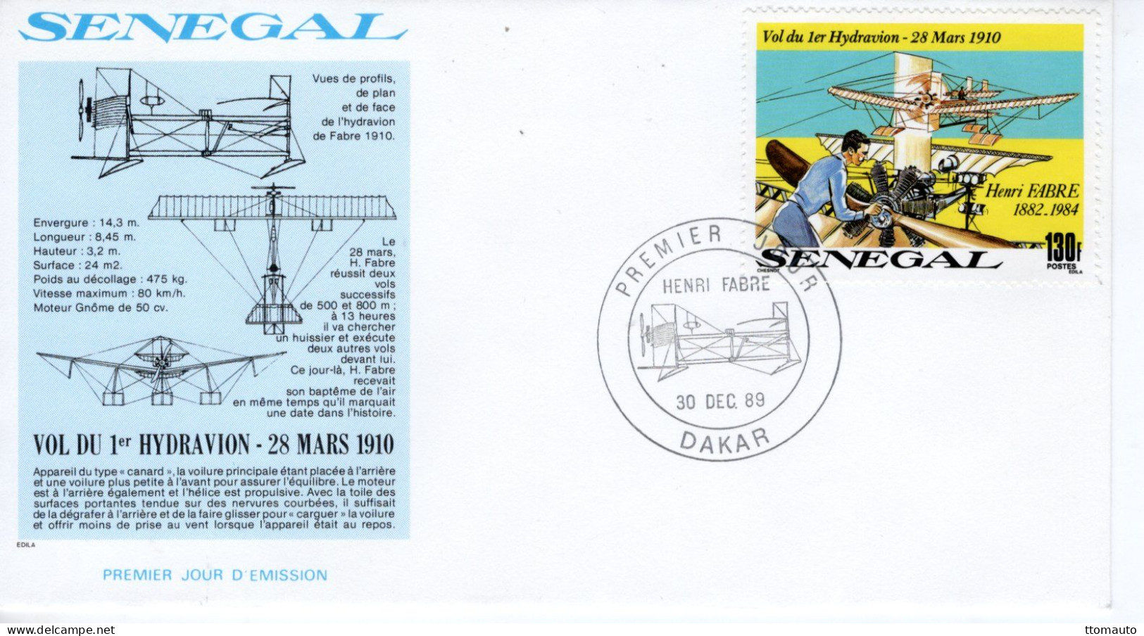 Senegal FDC - HENRI FABRE - Vol Du 1er Hydravion En 1910  - 1v Envelope Prémier Jour - Aerei