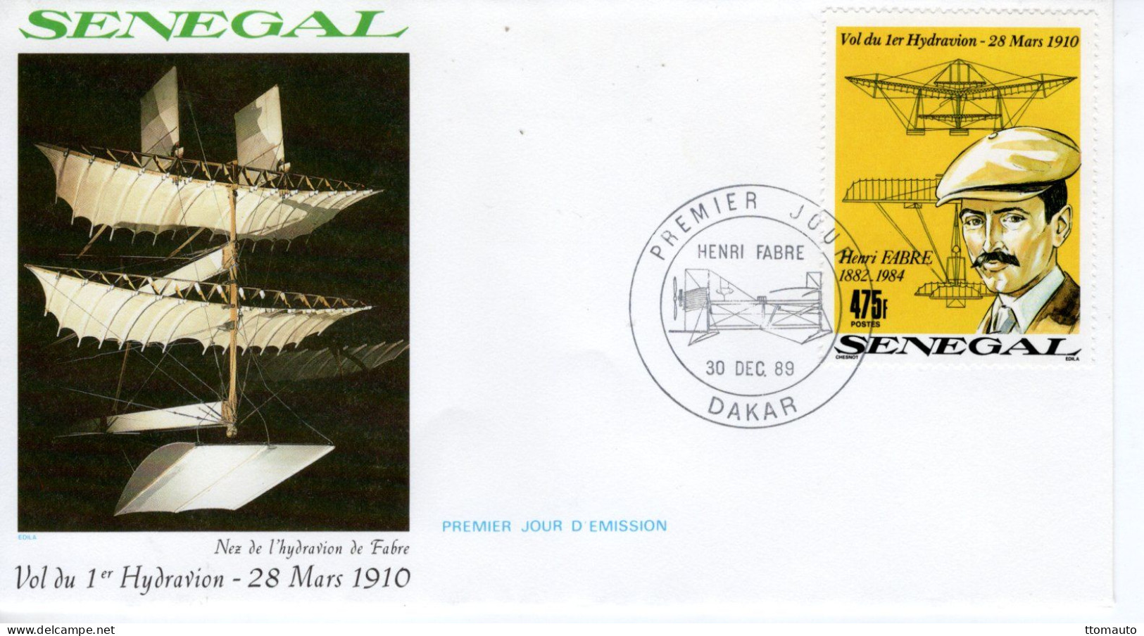 Senegal FDC - HENRI FABRE - Vol Du 1er Hydravion En 1910  - 1v Envelope Prémier Jour - Aerei