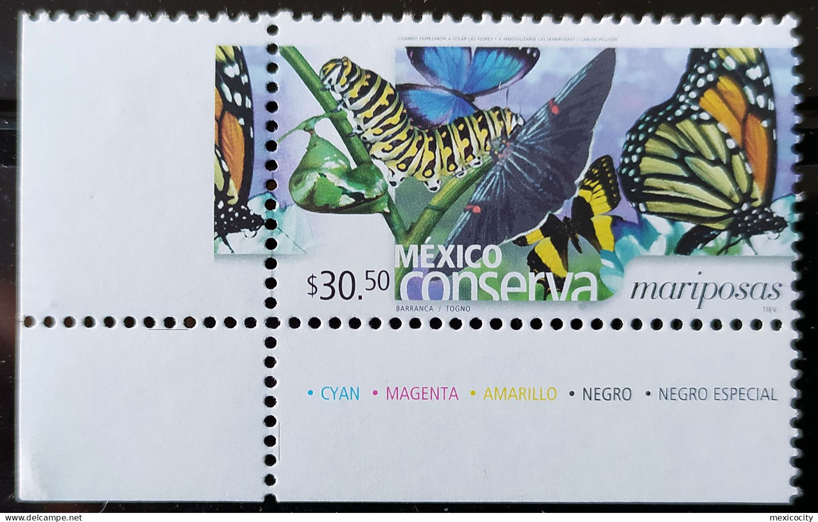 MEXICO $30.50 BUTTERFLIES 2005 Beater Series Ltd. Issue, Border Single W/ Bottom Color Legend Mint NH Unmounted - Mexique