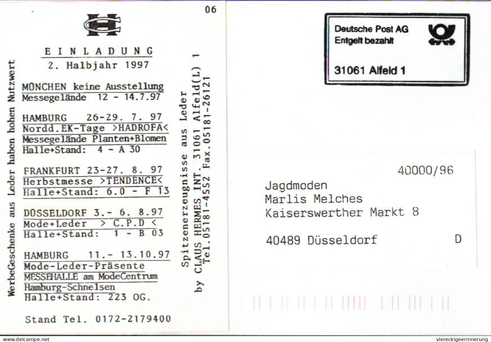 ! Reklame Ansichtskarte , Werbung, 1997, Handtaschen, Mode, Claus Hermes, Alfeld - Mode