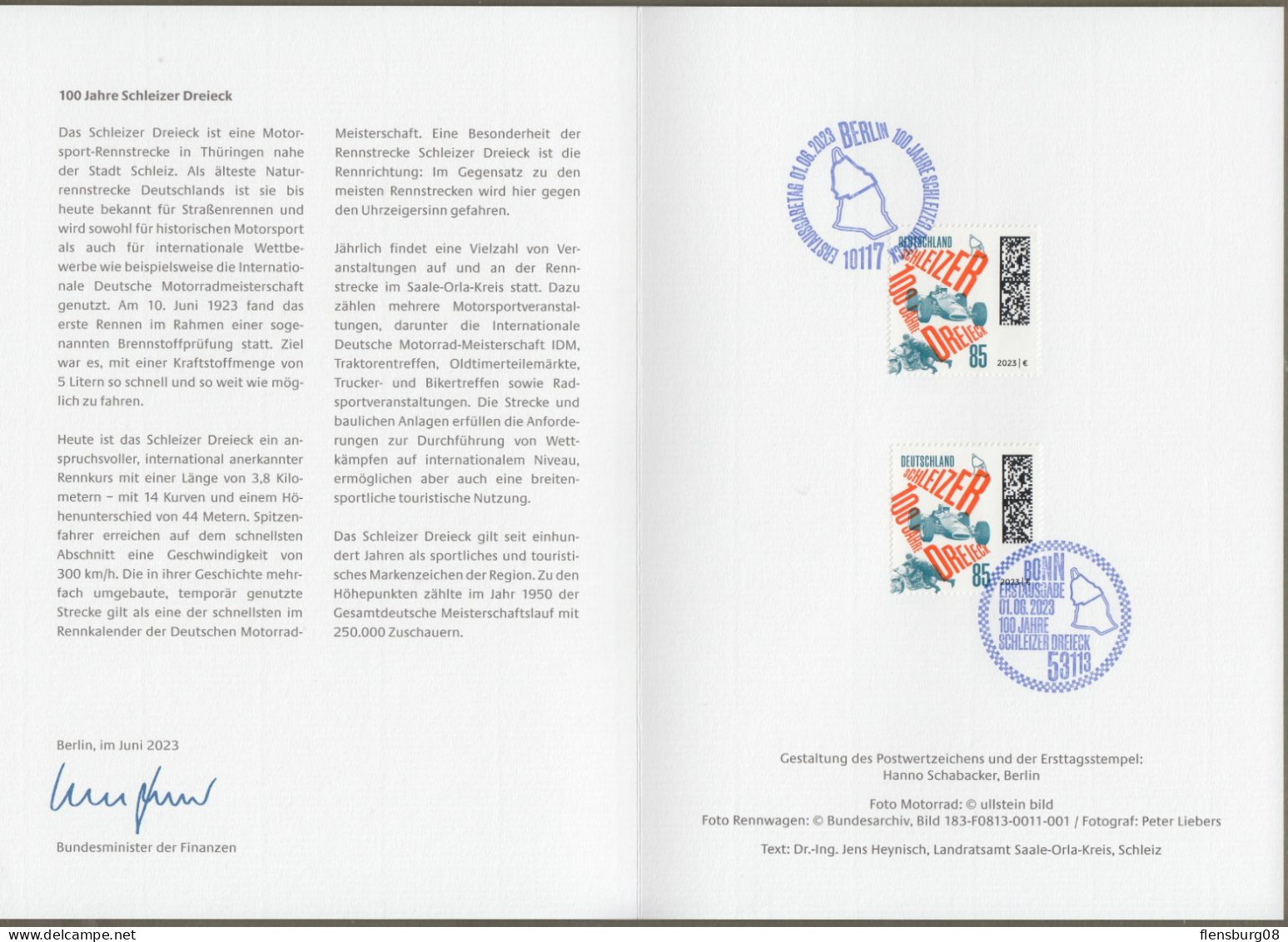Bund: Minister Card - Ministerkarte Typ VII , Mi-Nr. 3768 ESST: " 100 Jahre Schleizer Dreieck "   X - Briefe U. Dokumente
