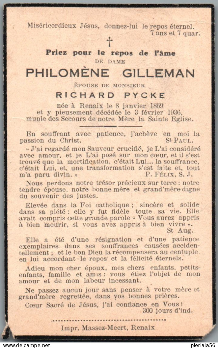 Bidprentje Ronse - Gilleman Philomène (1869-1936) - Devotion Images