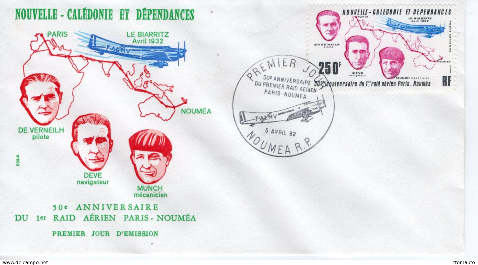 Nouvelle-Calédonie FDC - 50e Anniversaire Du Raid Aérien Paris-Nouméa - De Verneilh-Deve-Munc - 1v Envelope Prémier Jour - Avions