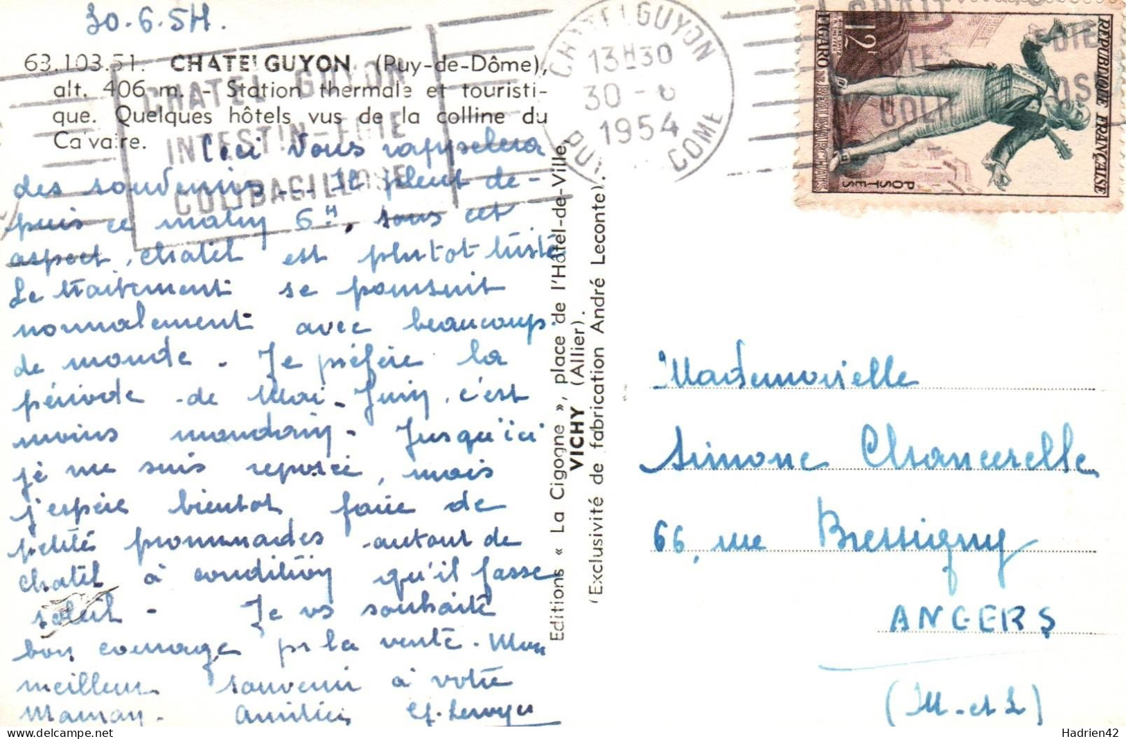 RECTO/VERSO - CPA - CHATEL GUYON - MANOIR FLEURI - COLLINE DU CALVAIRE - STATION THERMALE - CACHET 1954 - Châtel-Guyon