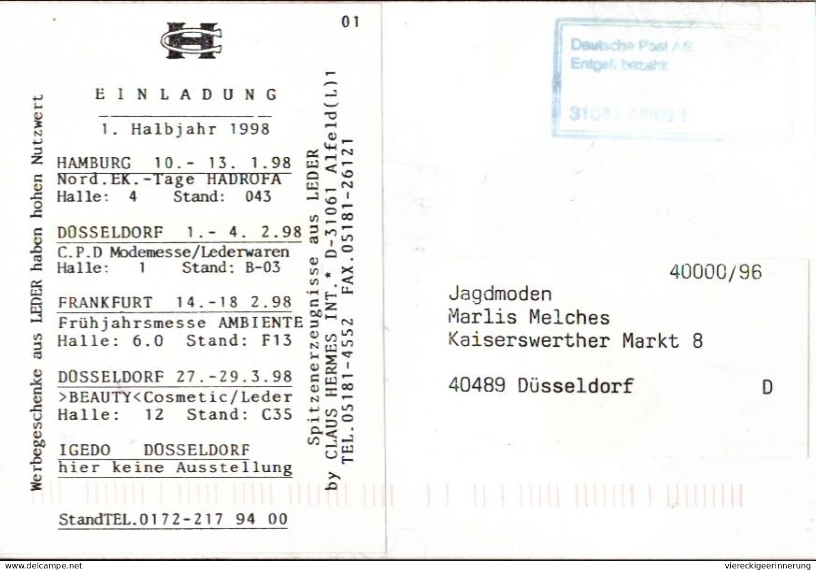 ! Reklame Ansichtskarte , Werbung, 1998, Handtaschen, Mode, Claus Hermes, Alfeld - Moda