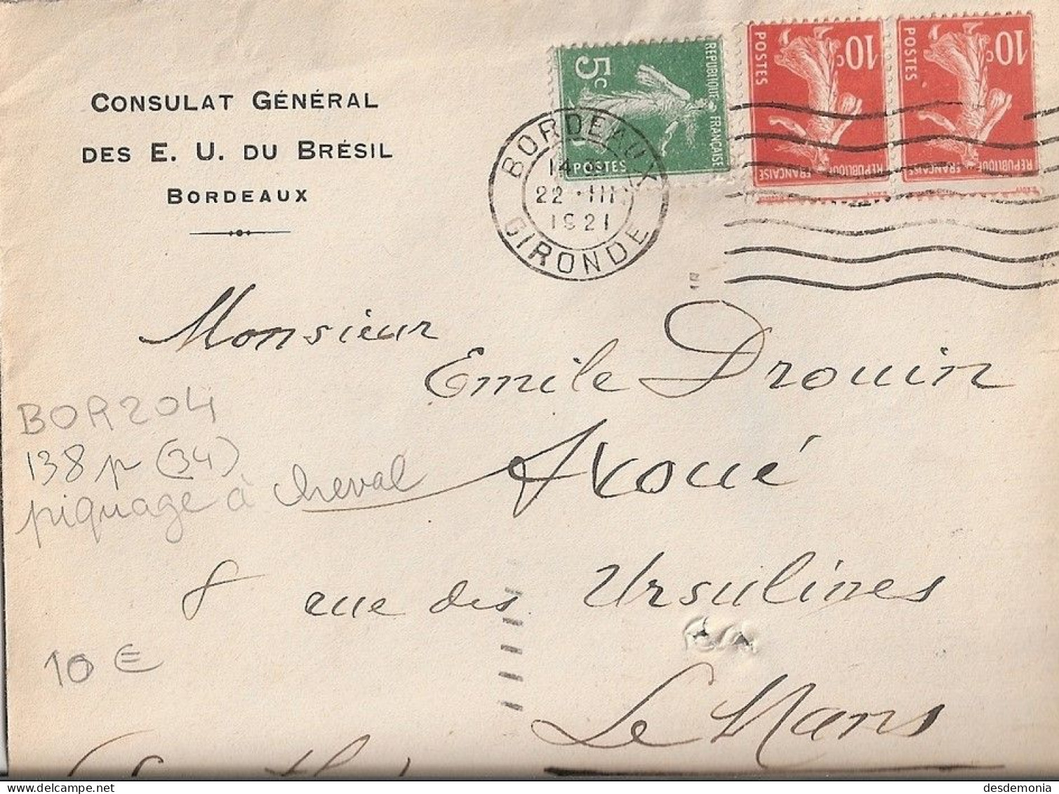 France Yvert 138p O Semeuse Camée Piquage à Cheval Bordeaux Flier BOR 204 - Cartas & Documentos