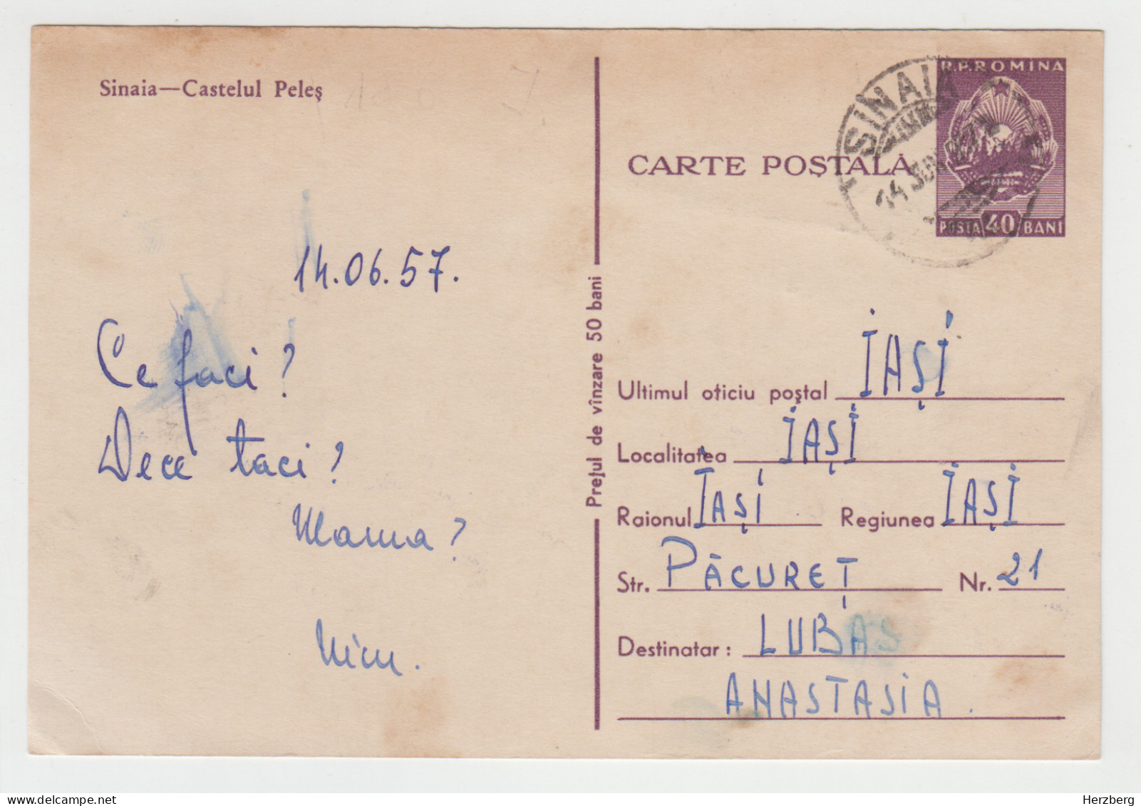 Romania Rumanien Roumanie 1957 Used Postal Stationery Sinaia Castelul Peles Royal Royalty Castle Chateau Schloss - Postwaardestukken
