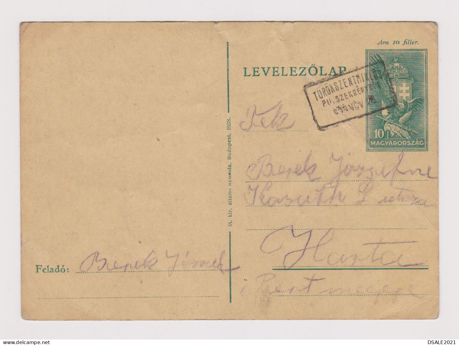 Hungary Ungarn 1930s Postal Stationery Card PSC 10F, Entier, Ganzsache, With Törökszentmiklós Rectangular Postmark (618) - Entiers Postaux