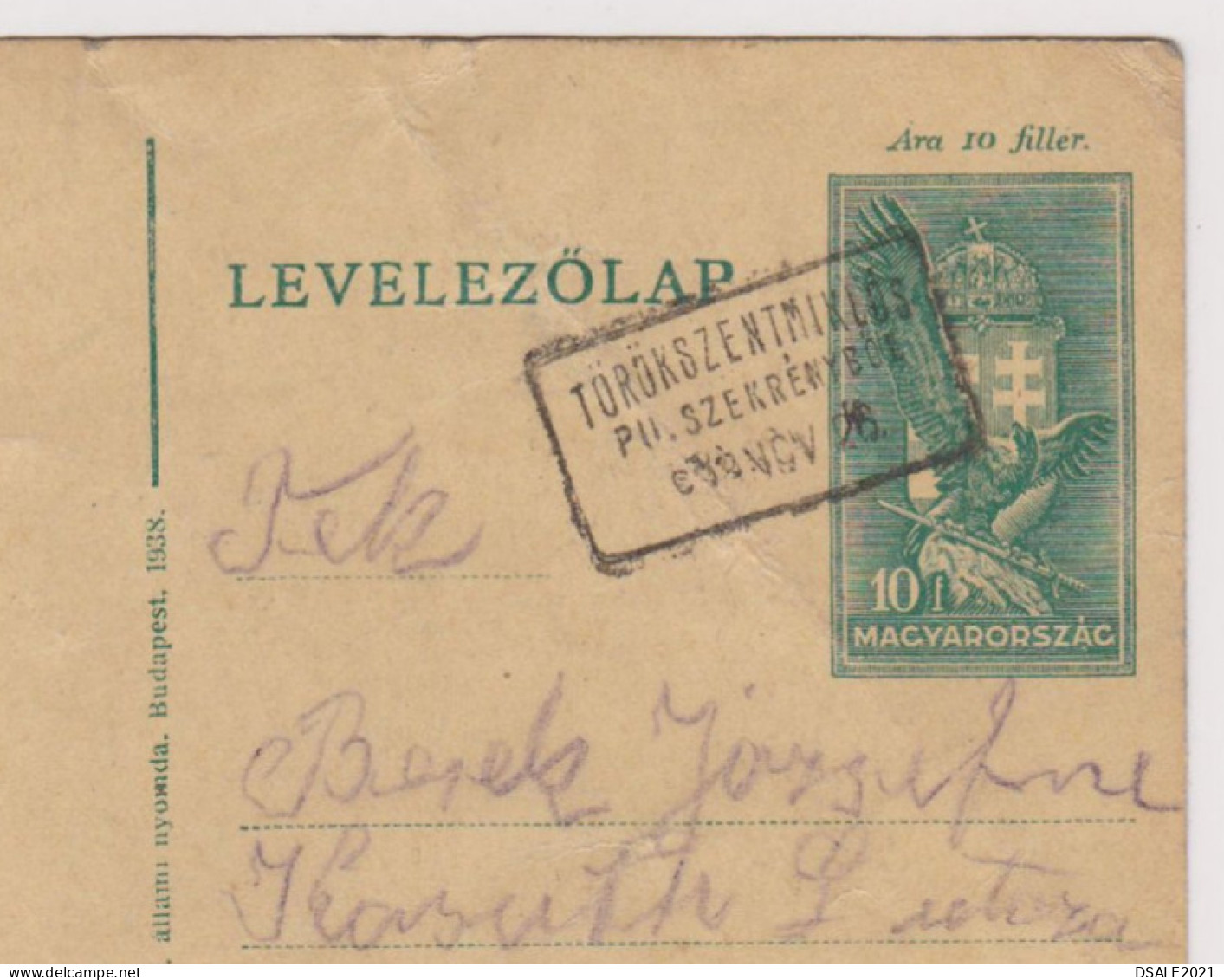 Hungary Ungarn 1930s Postal Stationery Card PSC 10F, Entier, Ganzsache, With Törökszentmiklós Rectangular Postmark (618) - Entiers Postaux