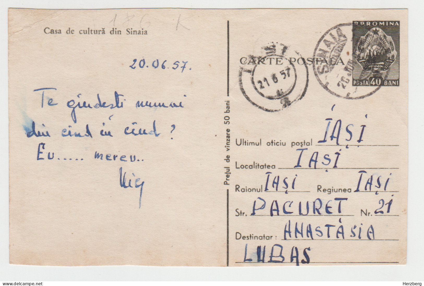 Romania Rumanien Roumanie 1957 Used Postal Stationery Sinaia Casino Kasino Athenaeum Athenee Athenaum - Enteros Postales