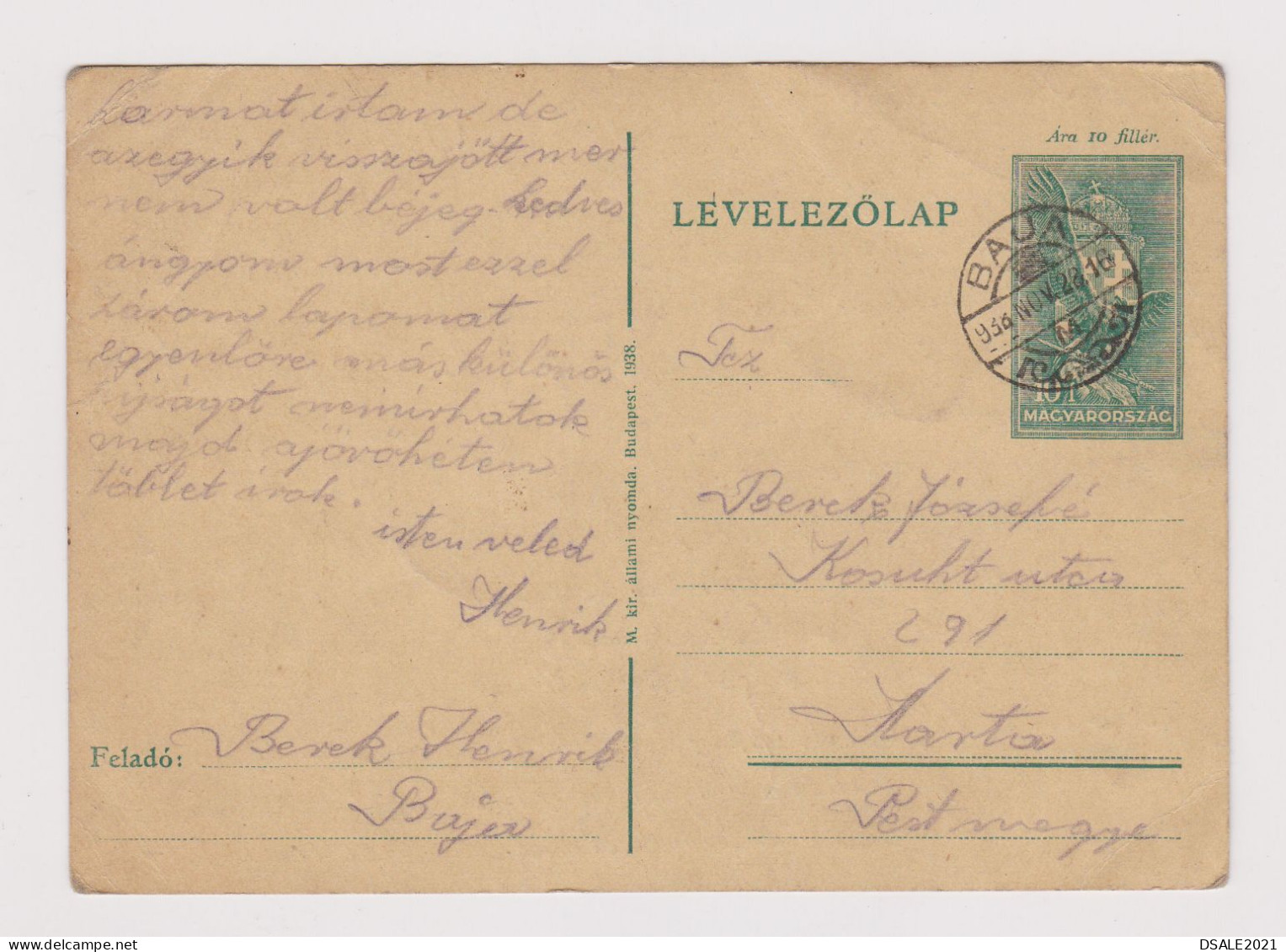 Hungary Ungarn 1938 Postal Stationery Card PSC 10F, Entier, Ganzsache, With BAJA Clear Postmark (622) - Ganzsachen