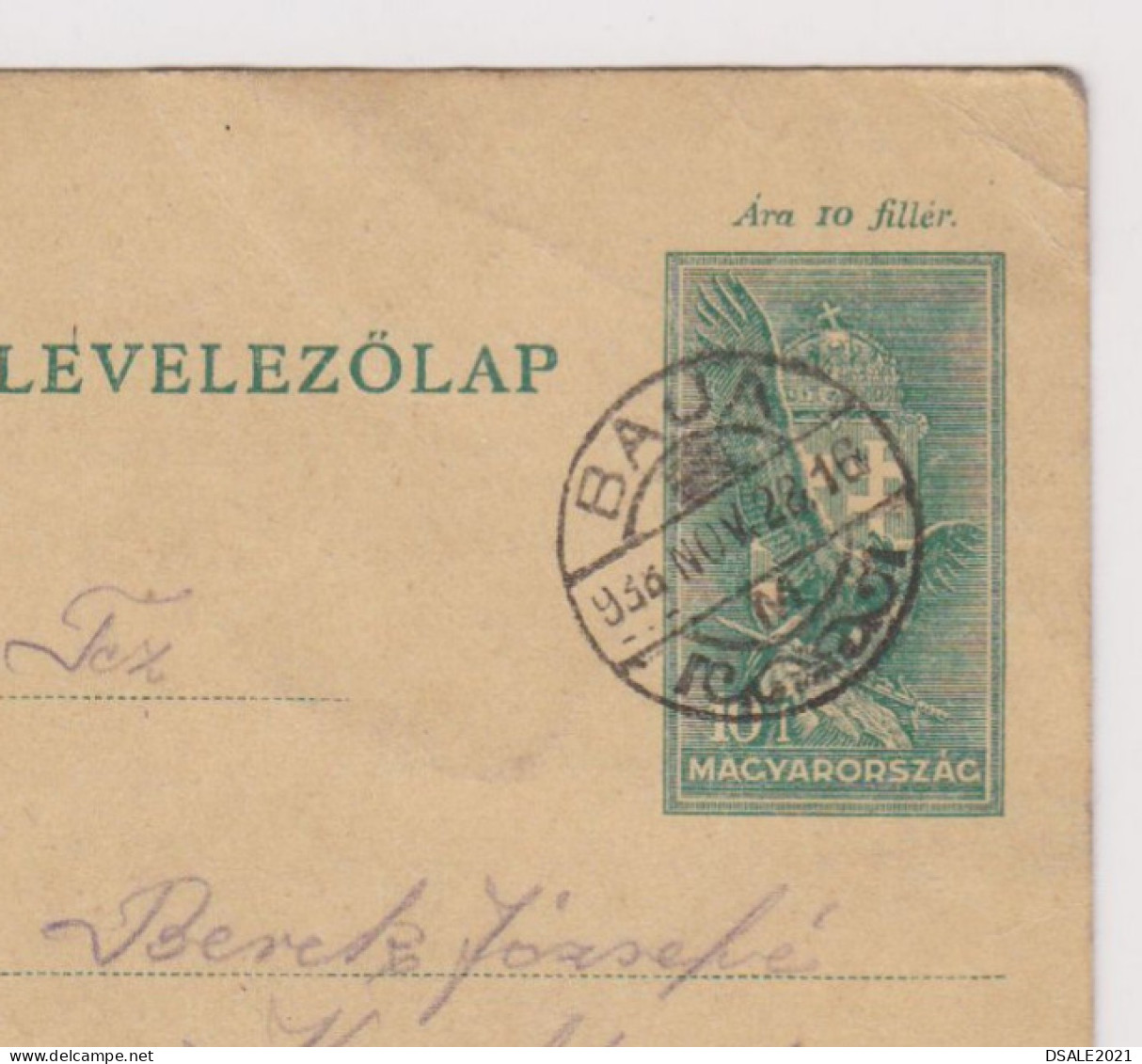 Hungary Ungarn 1938 Postal Stationery Card PSC 10F, Entier, Ganzsache, With BAJA Clear Postmark (622) - Enteros Postales