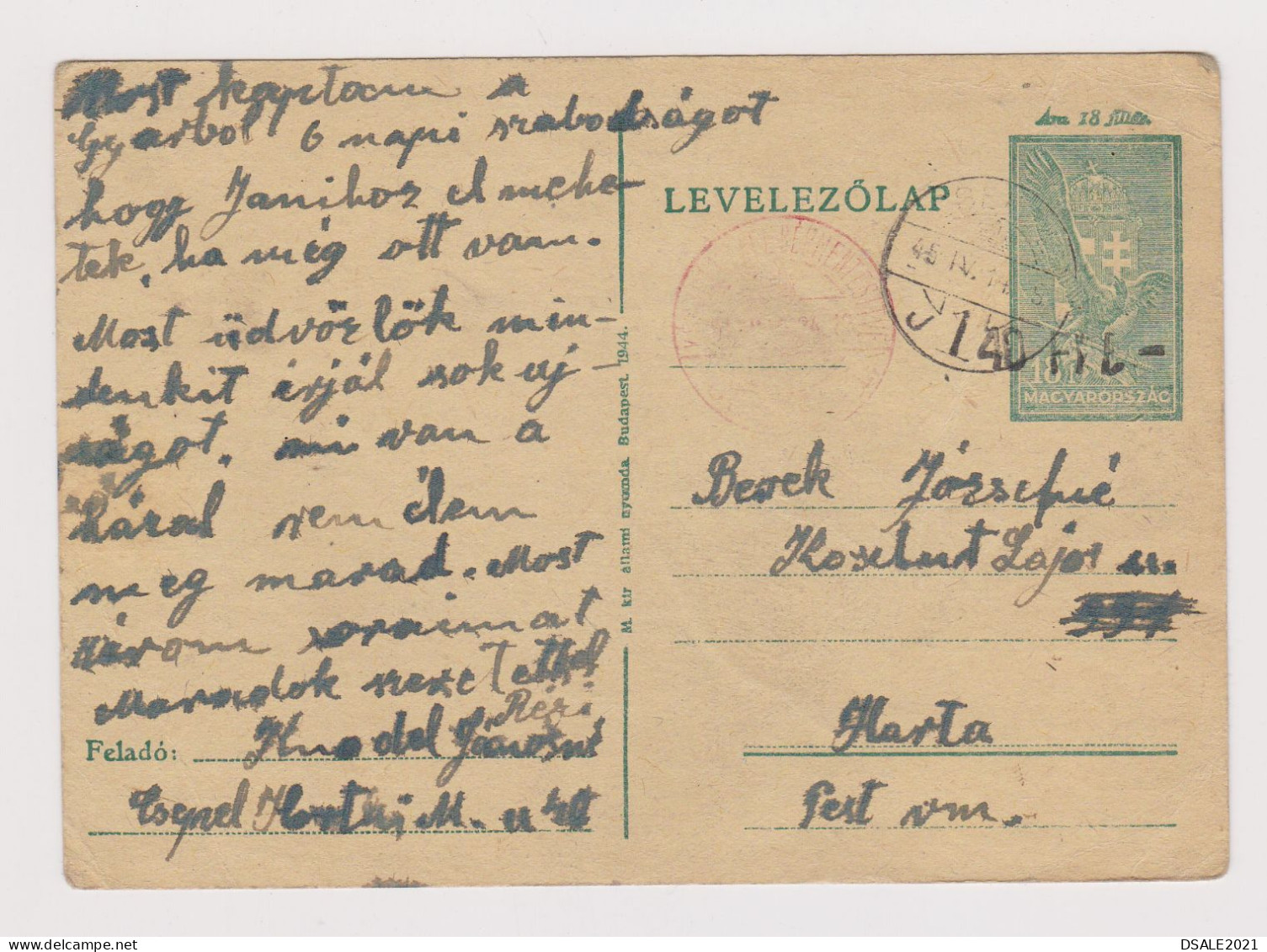 Hungary Ungarn 1945 Postal Stationery Card PSC 18F, Entier, Ganzsache, Censored (621) - Enteros Postales