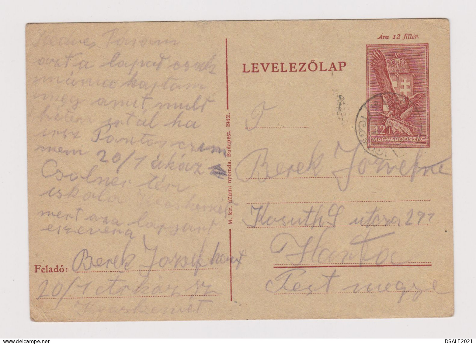 Hungary Ungarn Ww2-1942 Postal Stationery Card PSC 12F, Entier, Ganzsache, Used Domestic (620) - Entiers Postaux