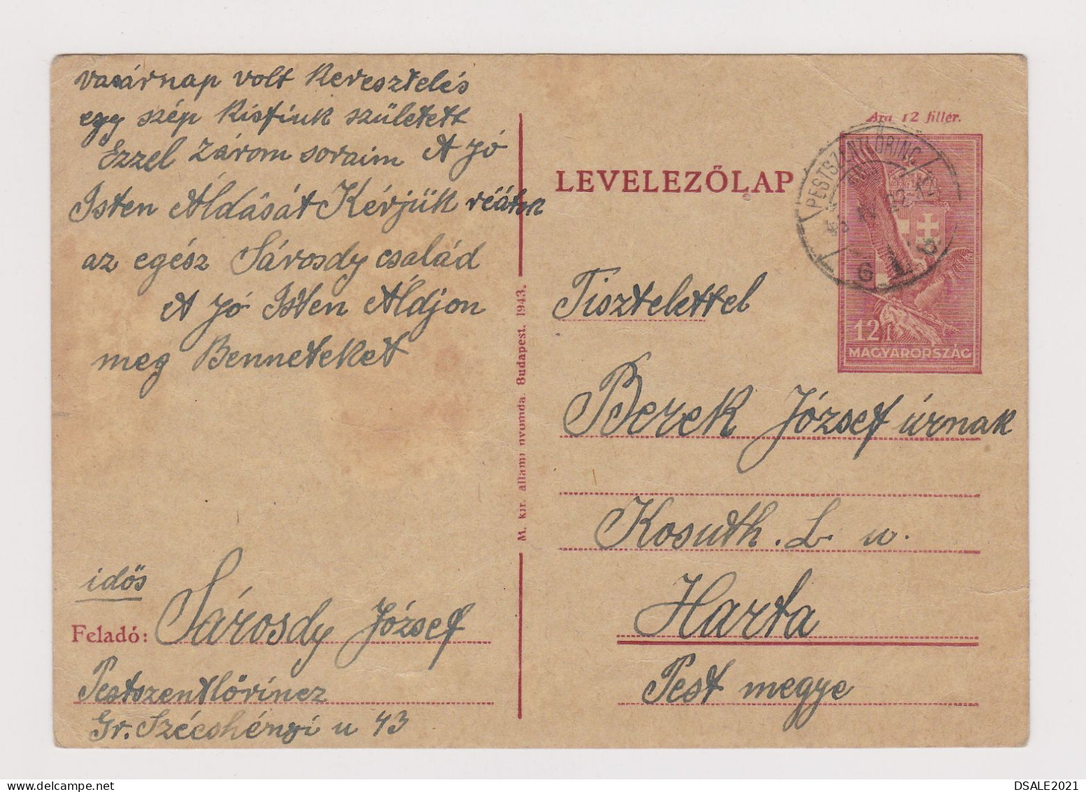 Hungary Ungarn Ww2-1943 Postal Stationery Card PSC 12F, Entier, Ganzsache, Used Domestic (619) - Interi Postali