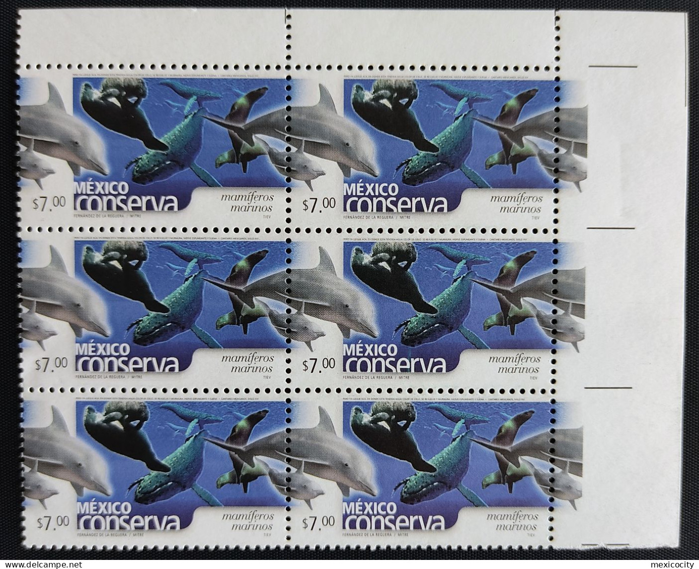 MEXICO 2005 $7 SEA MAMMALS Blk. 6, One With Blue Line Below Whale Flaw, Rare Ptg. Var. MNH Unm. - Mexico