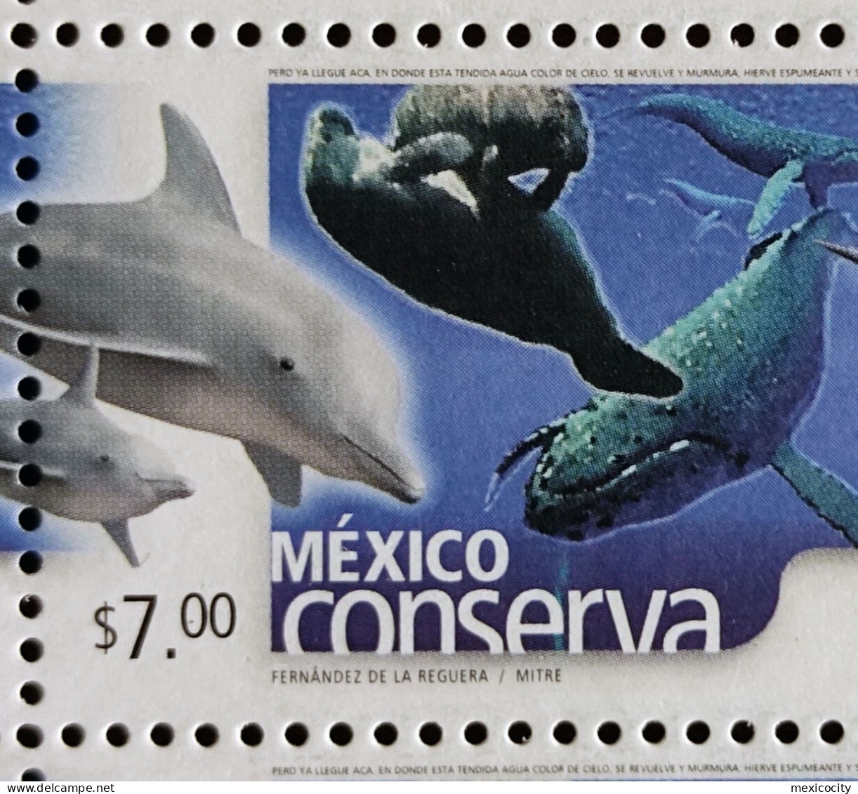 MEXICO 2005 $7 SEA MAMMALS Blk. 6, One With Blue Line Below Whale Flaw, Rare Ptg. Var. MNH Unm. - Mexique