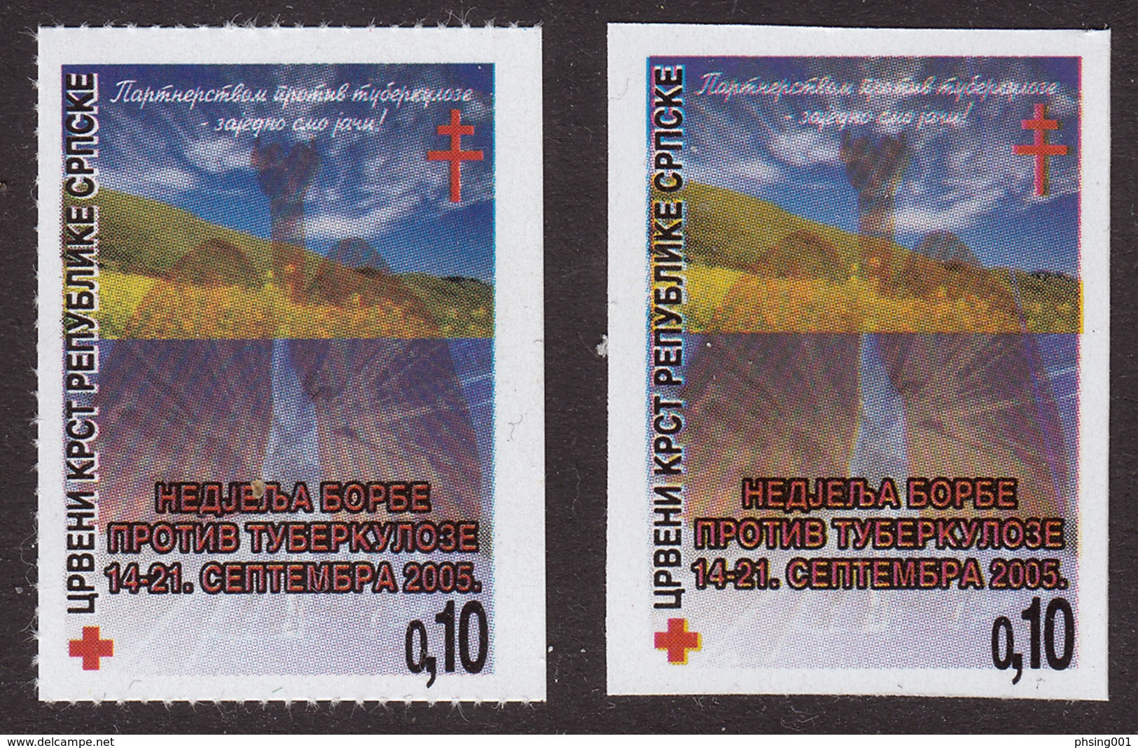 Bosnia Serbia 2005 TBC Red Cross Rotes Kreuz Bosnia Serbia, Tax Charity Surcharge Perforated + Imperforated Stamp MNH - Croce Rossa