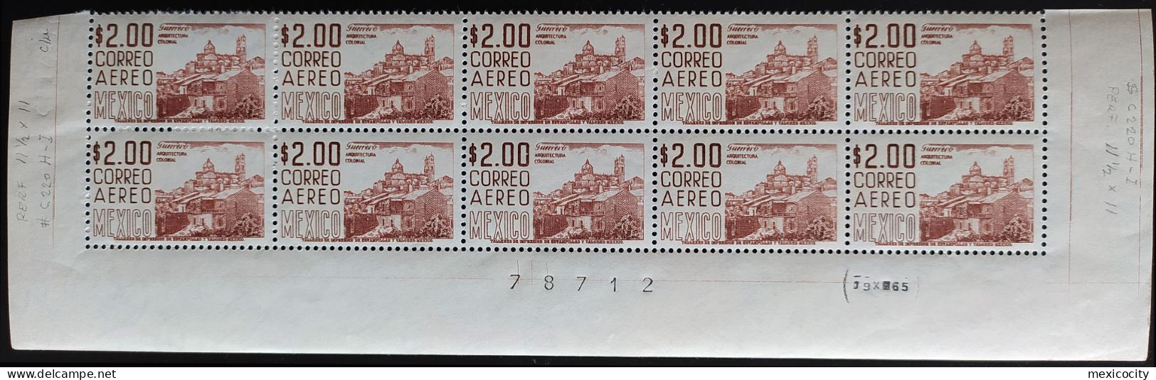 MEXICO Scott C220Hi $2 Airmail Scott 300 Wmk. Perf. 11 1/2 X 11 Block Of 10 W/ Nr., Date, Unique Multiple - Mexico