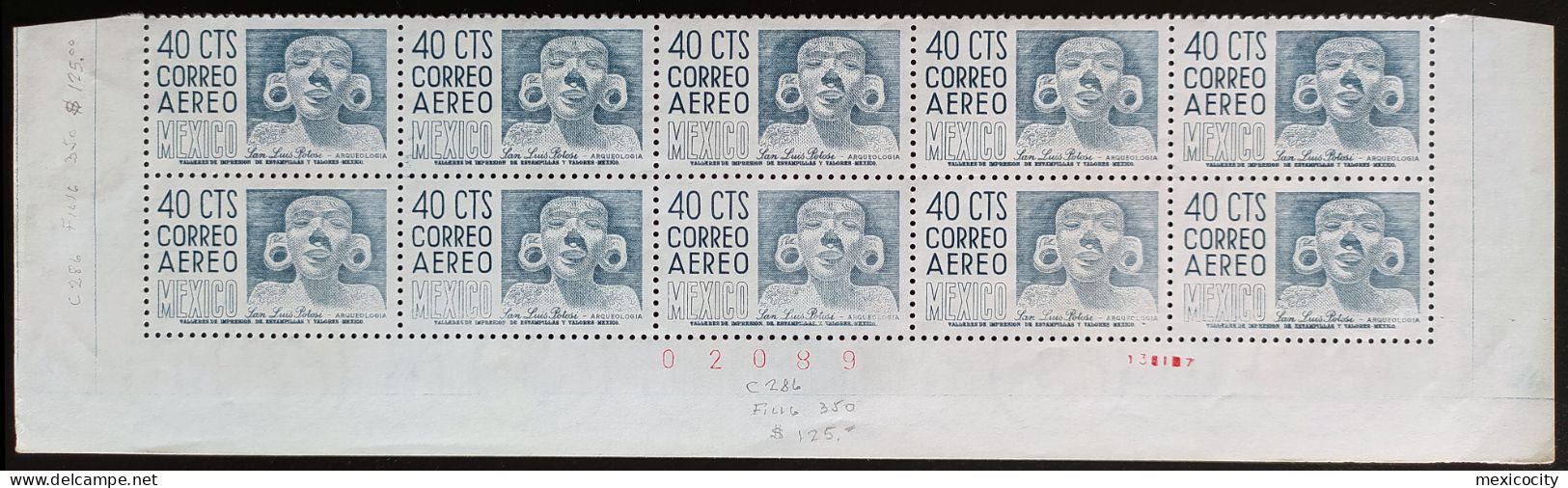 MEXICO Scott Cat. C286 40c. Airmail Scott 350 Large MEX Wmk. Block Of 10 W/ Nr., Date, Unique Multiple - Mexico