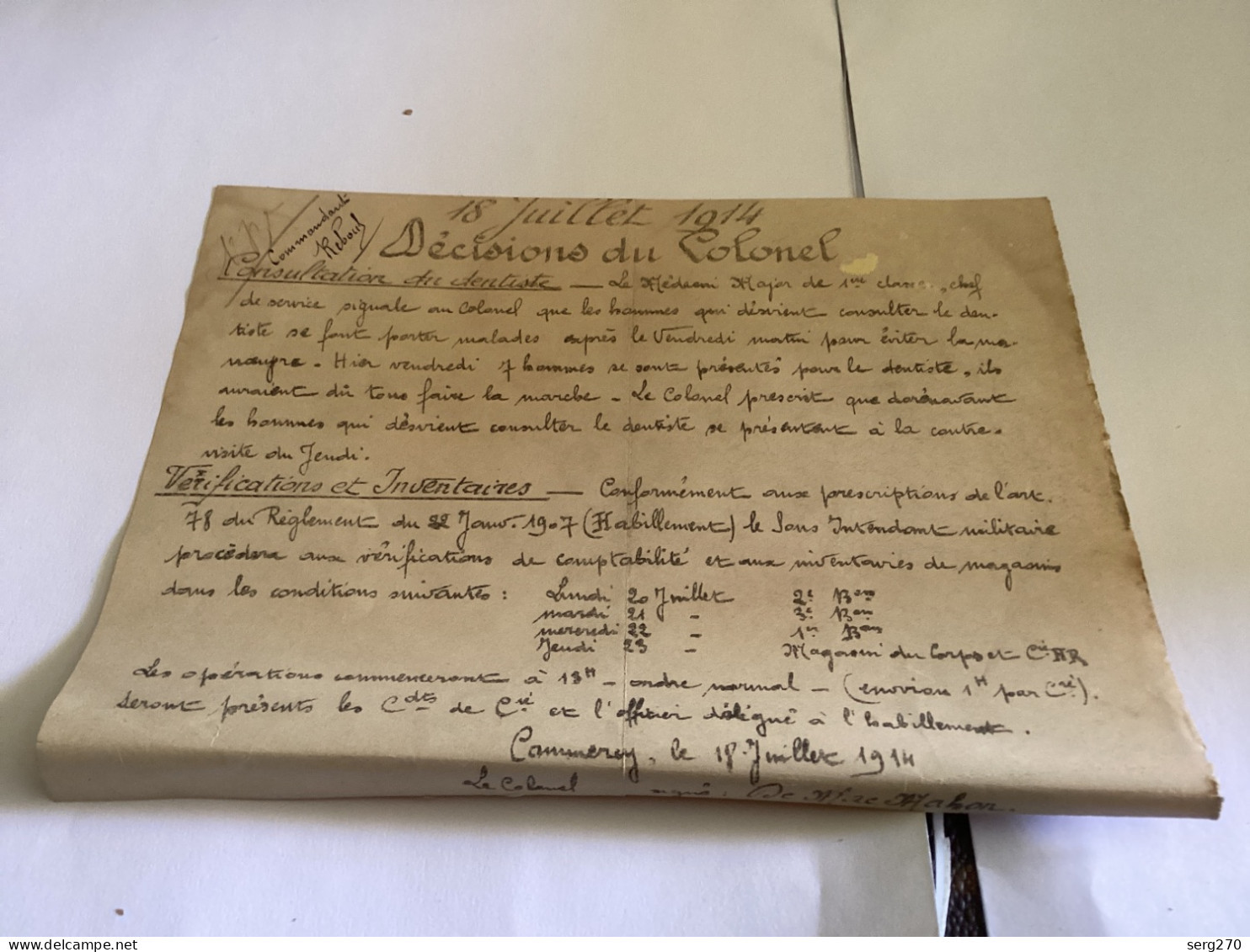 Commandant Reboul, Décision Du Colonel 1914 18 Juillet 1914, Consultation Du Dentiste. Vérification Et  Inventaires. - Manuscripts