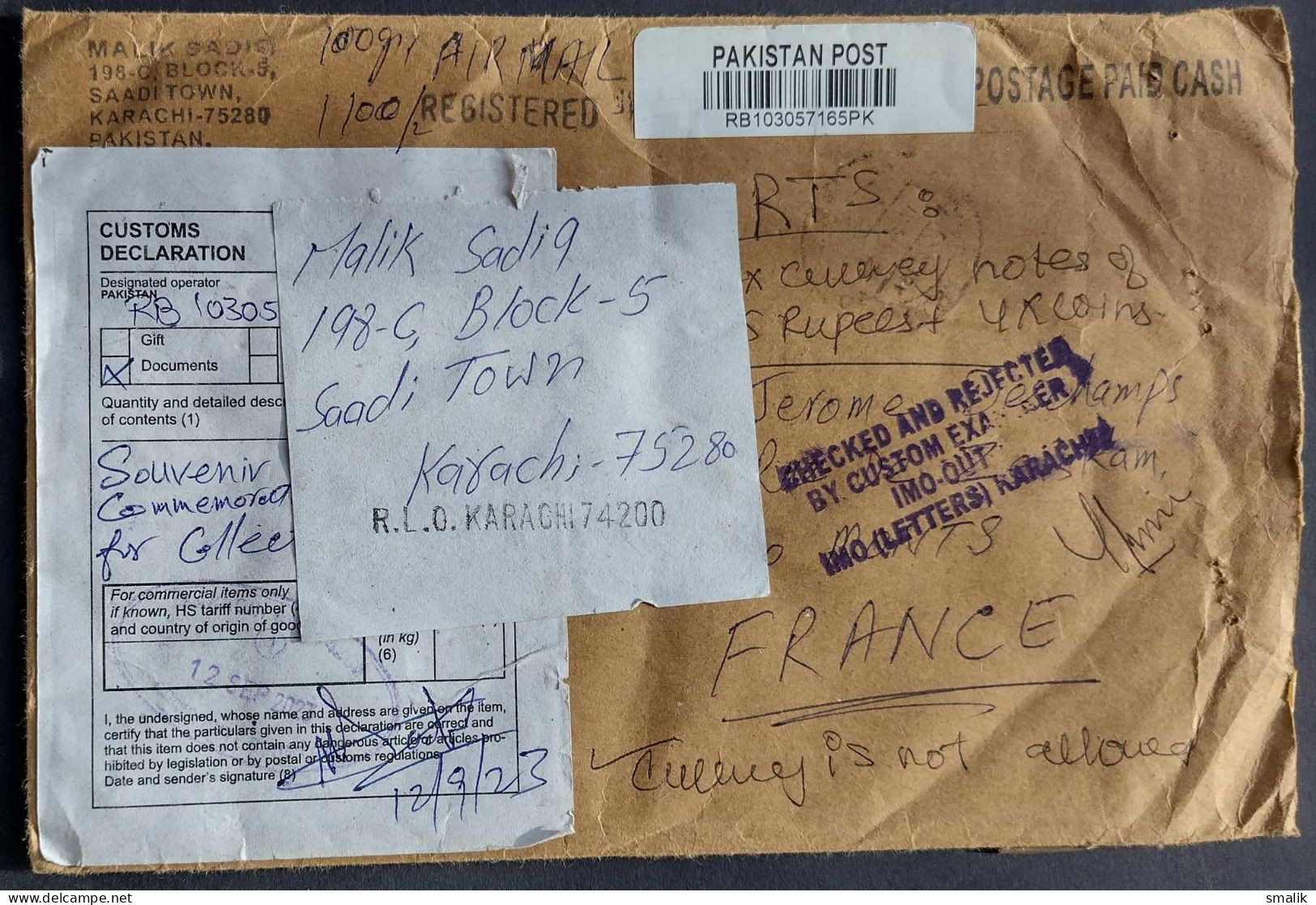 PAKISTAN Postal History Big Cover Registered Used 12.9.2023 KARACHI To FRANCE But Return To Sender CUSTOMS Marking RTS - Pakistán