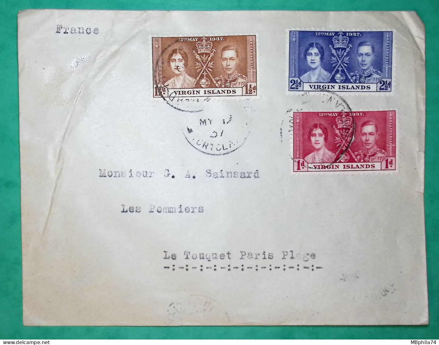 STAMPS VIRGIN ISLAND GEORGE VI RED BROWN BLUE FOR TOUQUET PARIS PLAGE FRANCE 1937 COVER - Britse Maagdeneilanden