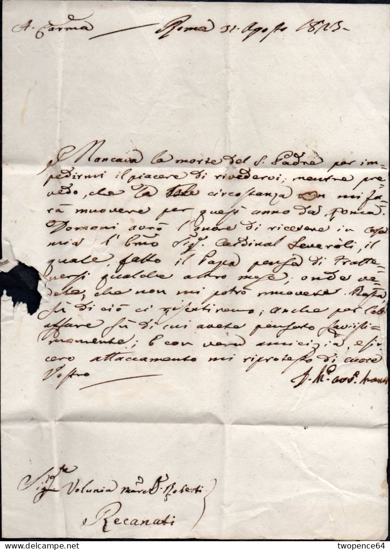 630 - LETTERA PREFILATELICA DA ROMA A RECANATI 1823 - ...-1850 Voorfilatelie