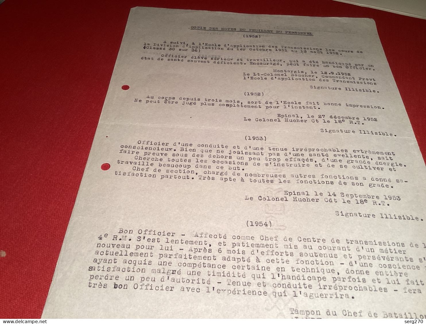 Copie Des Notes Du Feuillet Du Personnel 1952 école D’application Des Transmissions - Documents