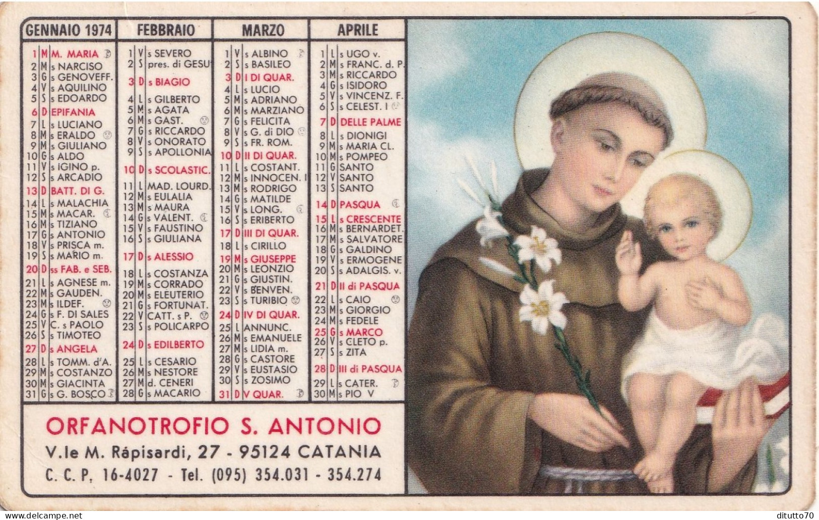 Calendarietto - Orfanotrofio S.antonio - Catania - Anno 1974 - Formato Piccolo : 1971-80