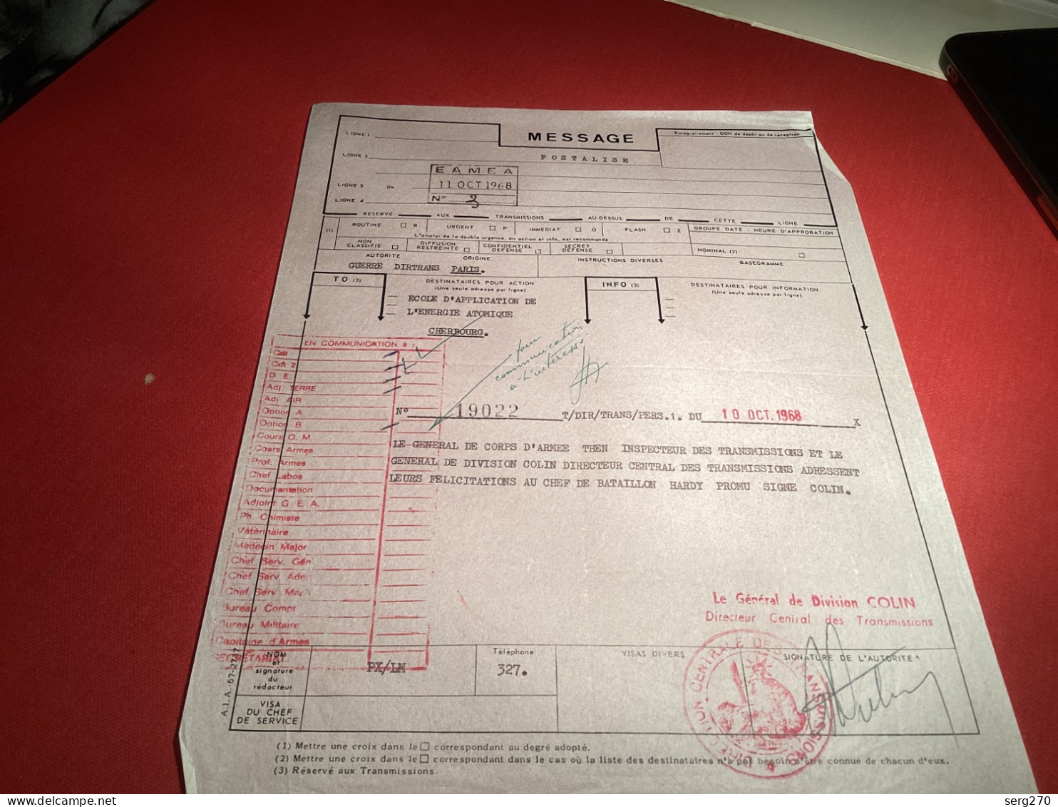 Message Postalise 1968 L’application De L’énergie Atomique Guerre Distrans Paris Inspecteur Des Transmissions - Documents