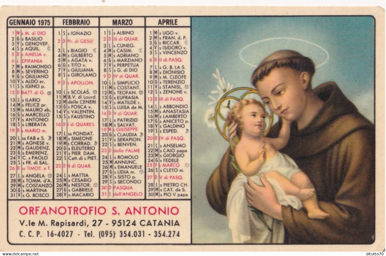 Calendarietto - Orfanotrofio S.antonio - Catania - Anno 1975 - Tamaño Pequeño : 1971-80