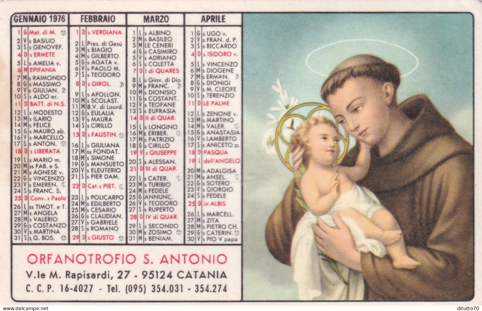 Calendarietto - Orfanotrofio S.antonio - Catania - Anno 1976 - Formato Piccolo : 1971-80