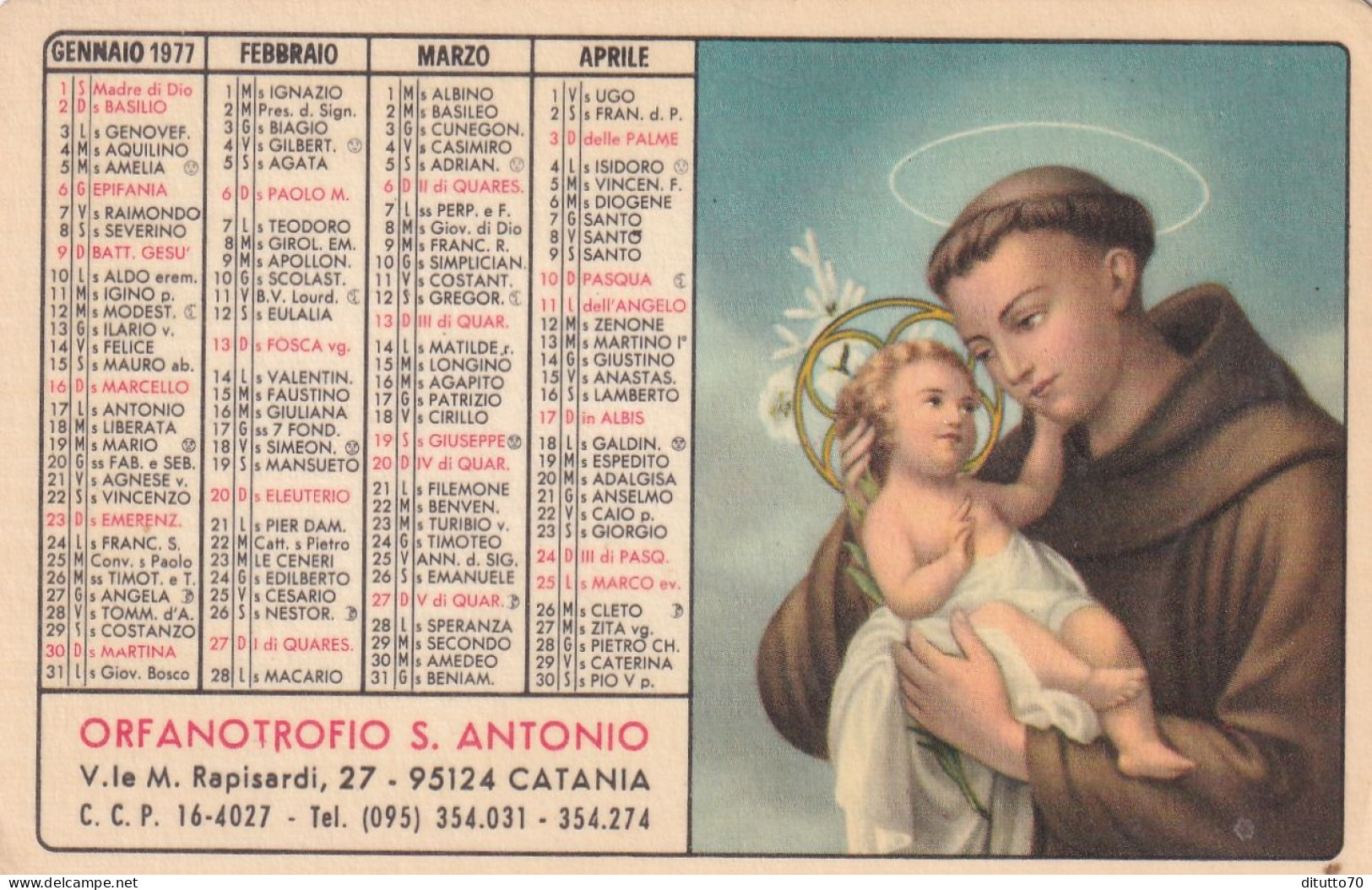 Calendarietto - Orfanotrofio S.antonio - Catania - Anno 1977 - Formato Piccolo : 1971-80