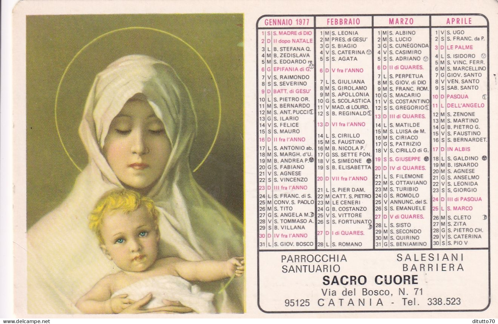 Calendarietto - Parrocchia Santuario Salesiani Barriera - Sacro Cuore - Catania - Anno 1977 - Formato Piccolo : 1971-80